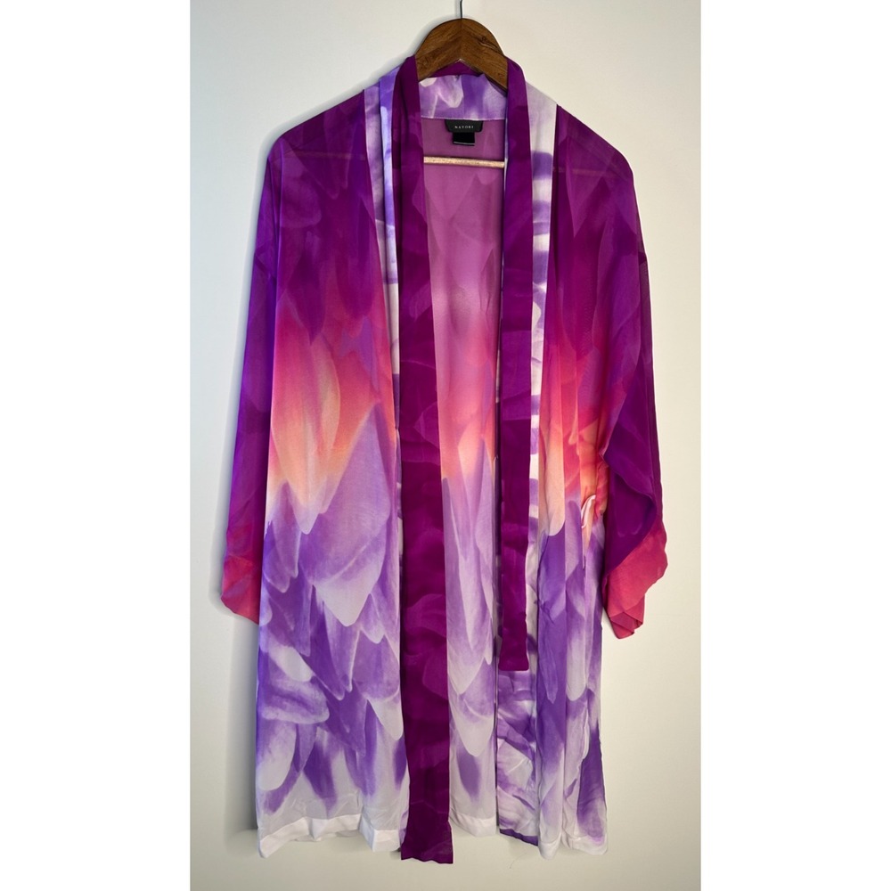 Natori Floral Watercolor Sheer Chiffon Kimono Robe Purple Tie Pockets Medium - Picture 11 of 11